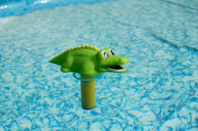 hračka krokodýl na hladině bazénu